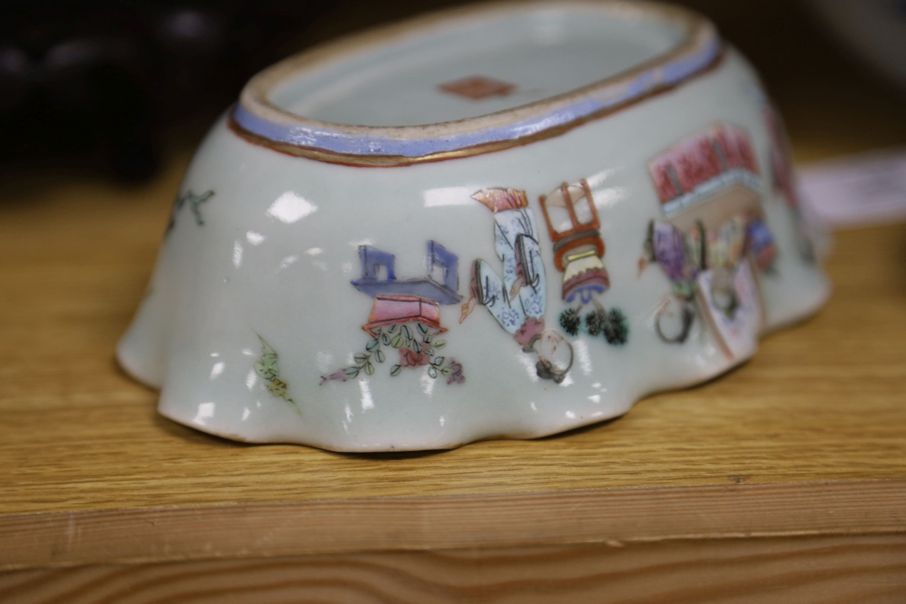 A large early 20th century Chinese cloisonné enamel ‘dragon’ bowl and two Chinese Tongzhi celadon ground famille rose bowls 31cm